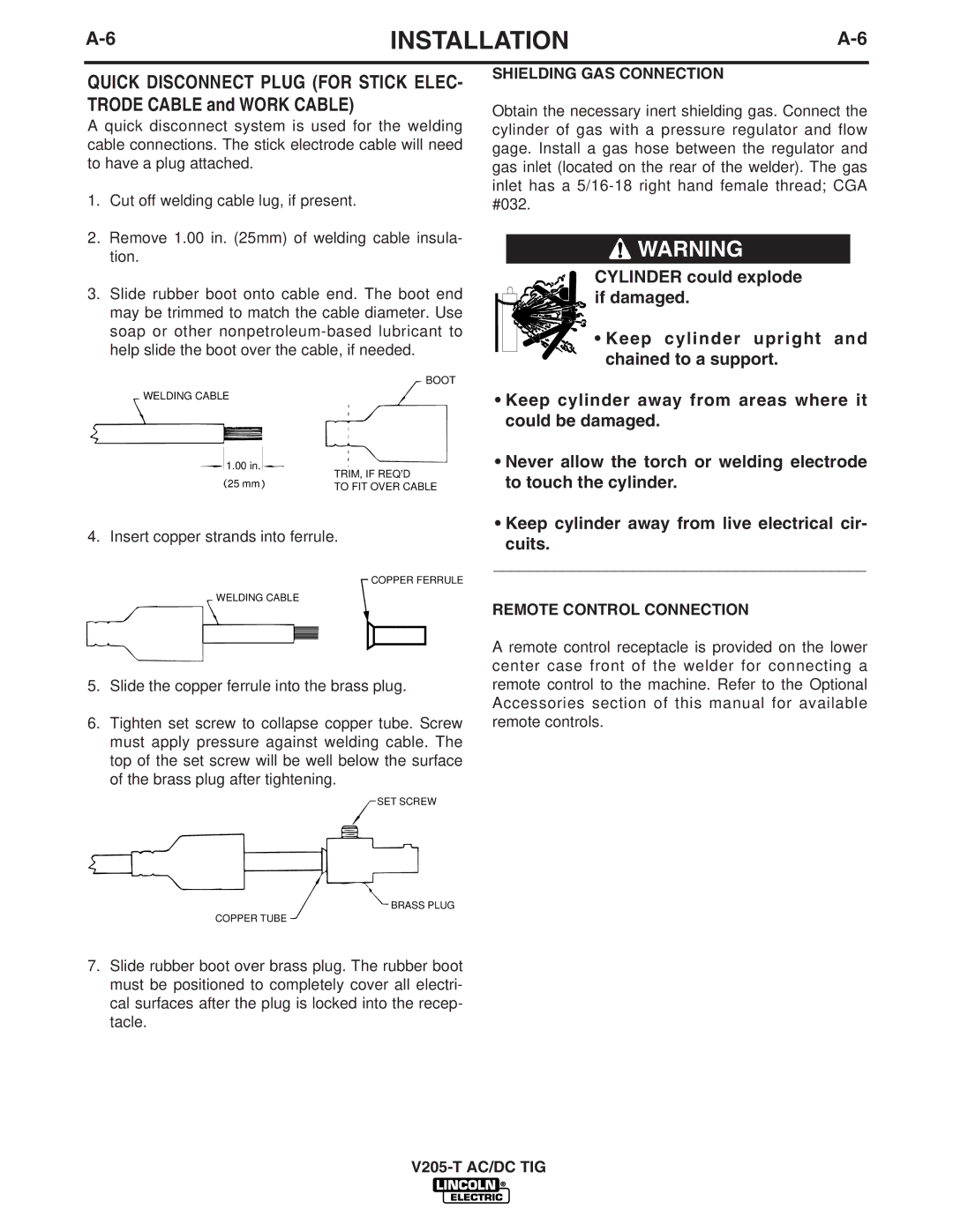 Lincoln Electric V205-T AC/DC TIG manual Shielding GAS Connection, Remote Control Connection 