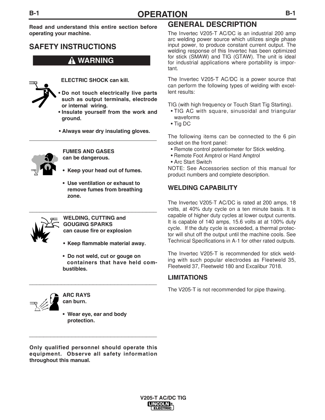 Lincoln Electric V205-T AC/DC TIG Operation, Safety Instructions, General Description, Welding Capability, Limitations 