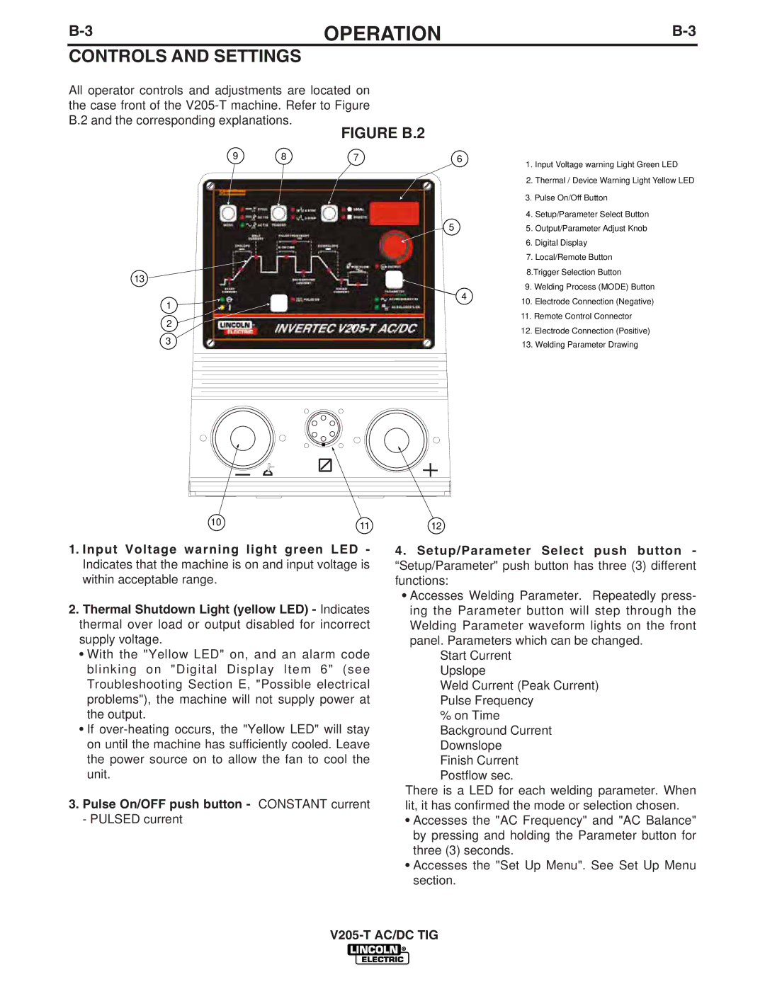 Lincoln Electric V205-T AC/DC TIG manual Controls and Settings, Figure B.2 