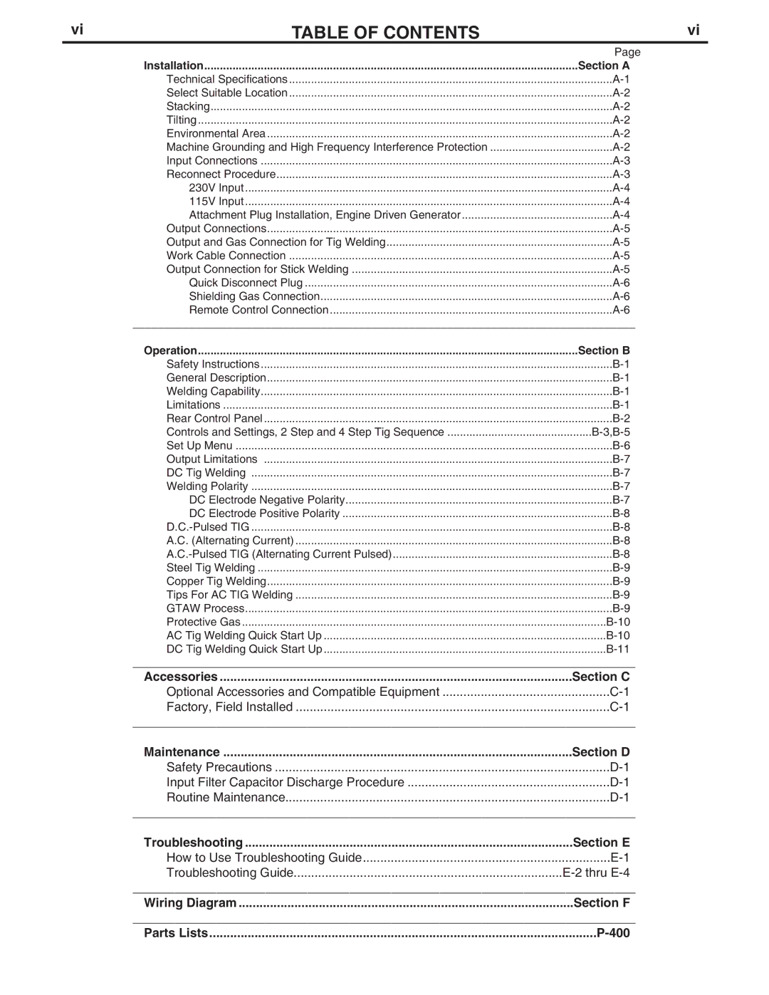 Lincoln Electric V205-T AC/DC TIG manual Table of Contents 