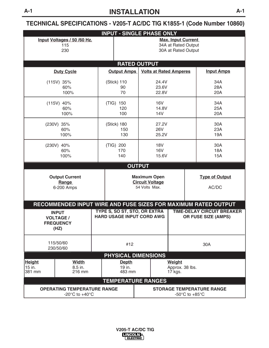 Lincoln Electric V205-T AC/DC TIG manual Installation, Operating Temperature Range, Storage Temperature Range 