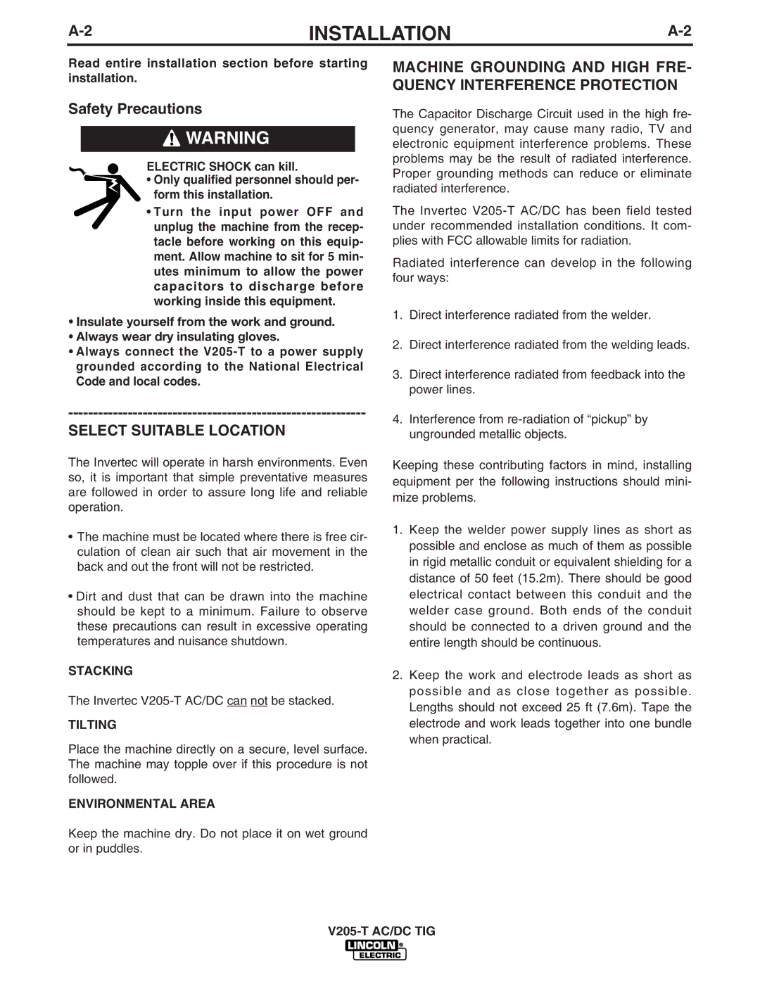 Lincoln Electric V205-T AC/DC TIG manual Select Suitable Location, Stacking, Tilting, Environmental Area 