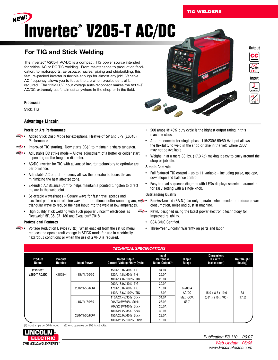 Lincoln Electric technical specifications Invertec V205-T AC/DC TIG Welders 