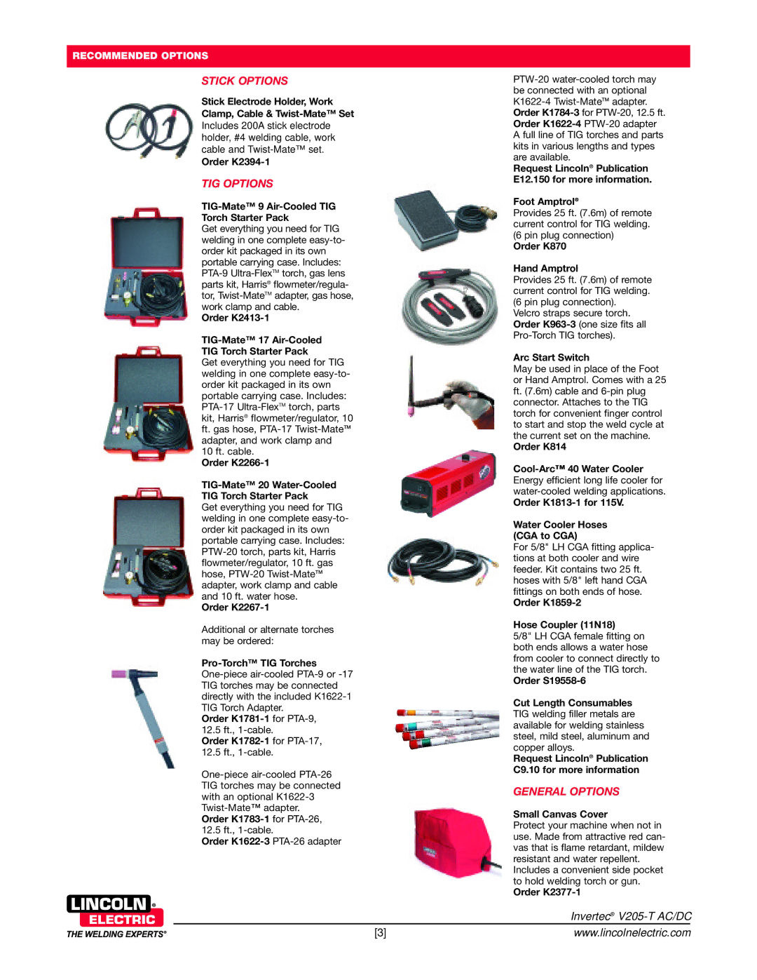 Lincoln Electric V205-T AC/DC technical specifications Stick Options, TIG Options, General Options 