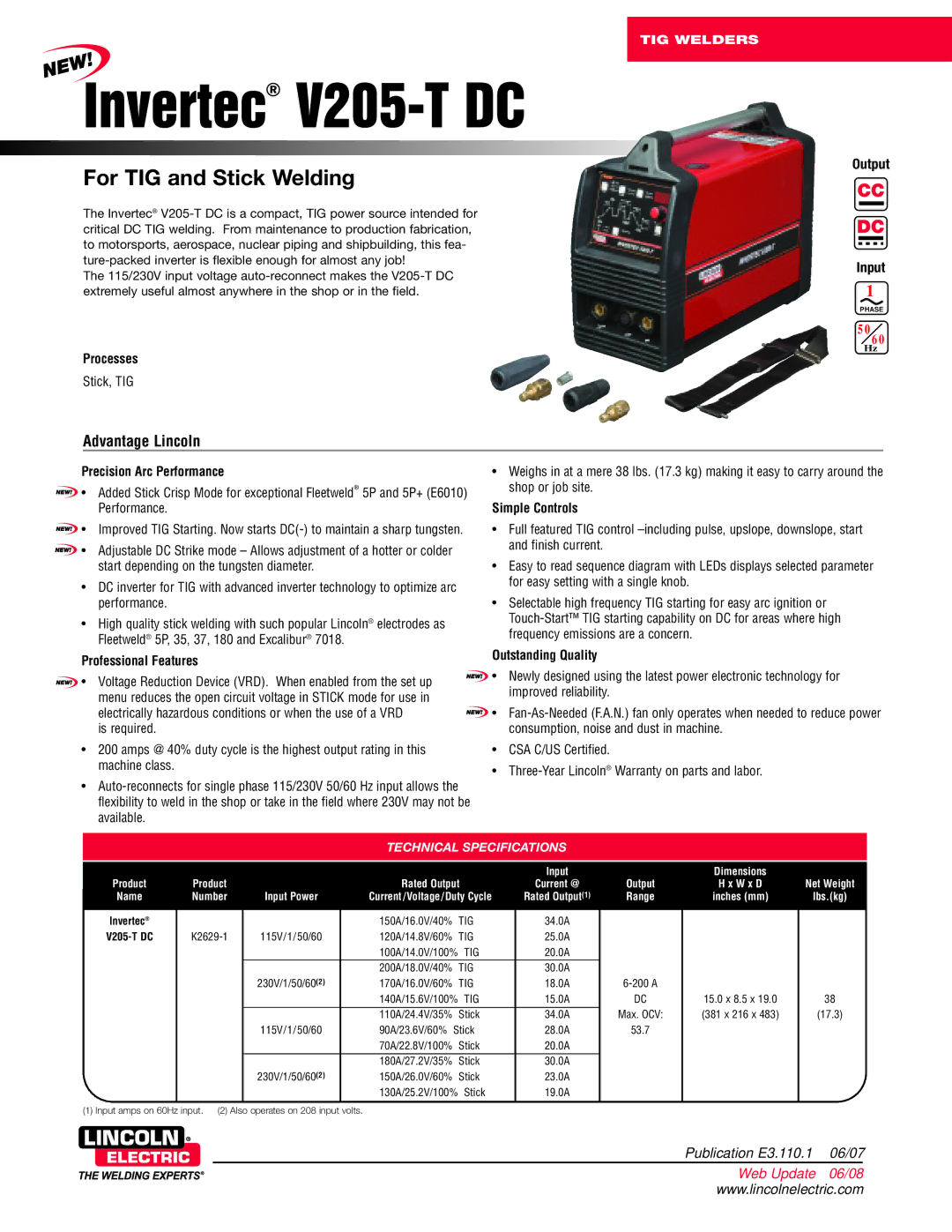 Lincoln Electric technical specifications Invertec V205-T DC 