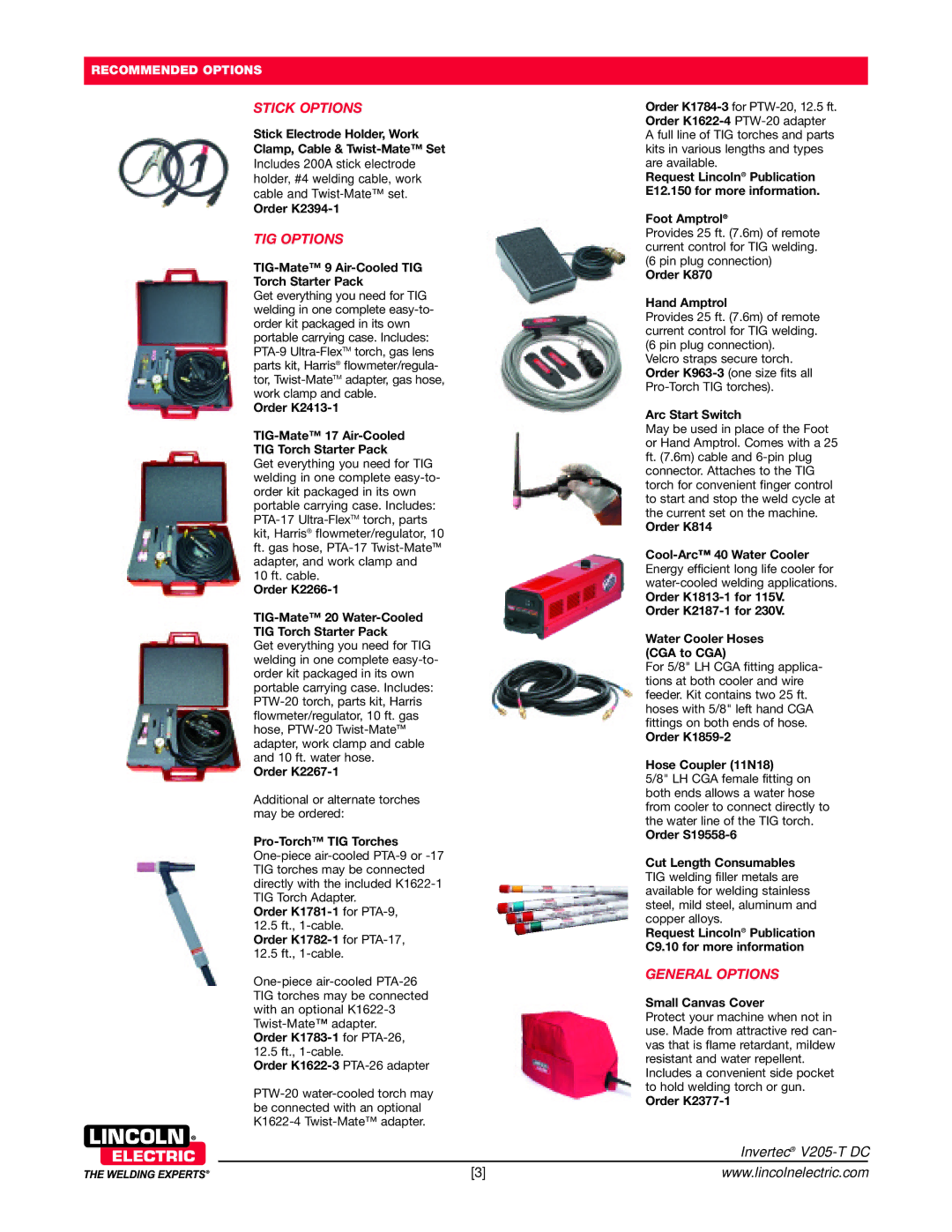 Lincoln Electric V205-T DC technical specifications Stick Options, TIG Options, General Options 