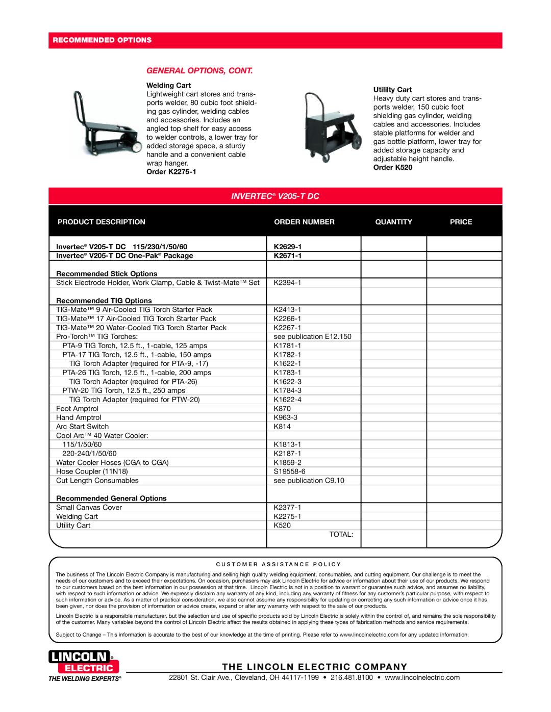 Lincoln Electric V205-T DC technical specifications General OPTIONS 