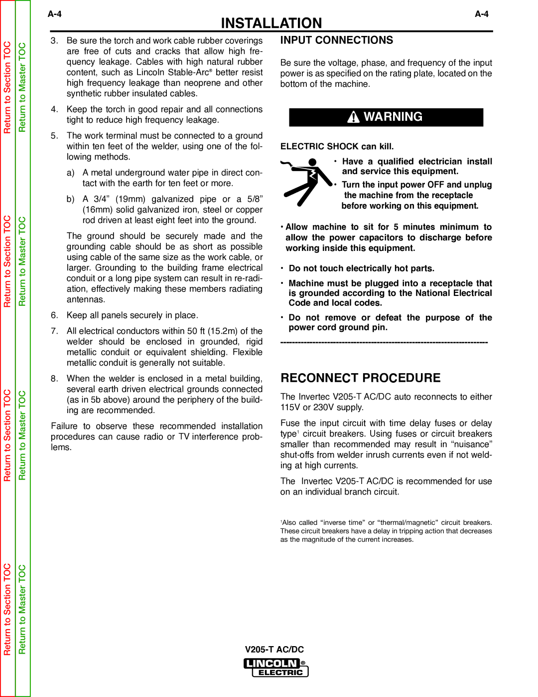 Lincoln Electric V205-T service manual Reconnect Procedure, Input Connections 