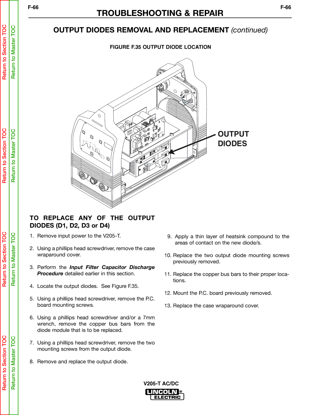 Lincoln Electric V205-T service manual Output Diodes, Figure F.35 Output Diode Location 