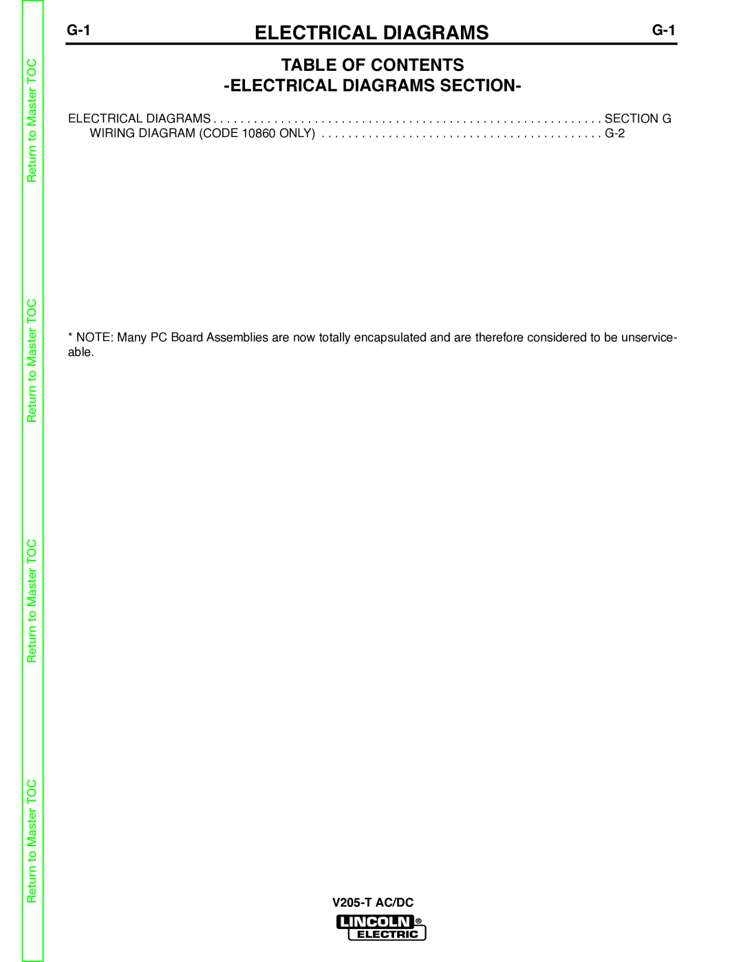 Lincoln Electric V205-T service manual Table of Contents Electrical Diagrams Section 