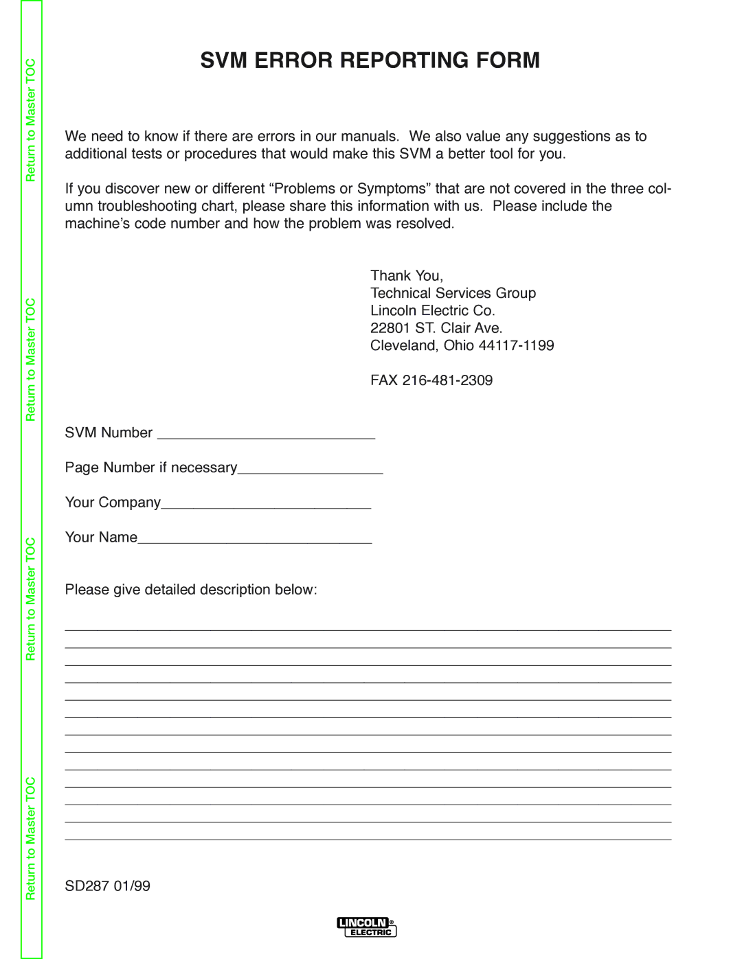 Lincoln Electric V205-T service manual SVM Error Reporting Form 