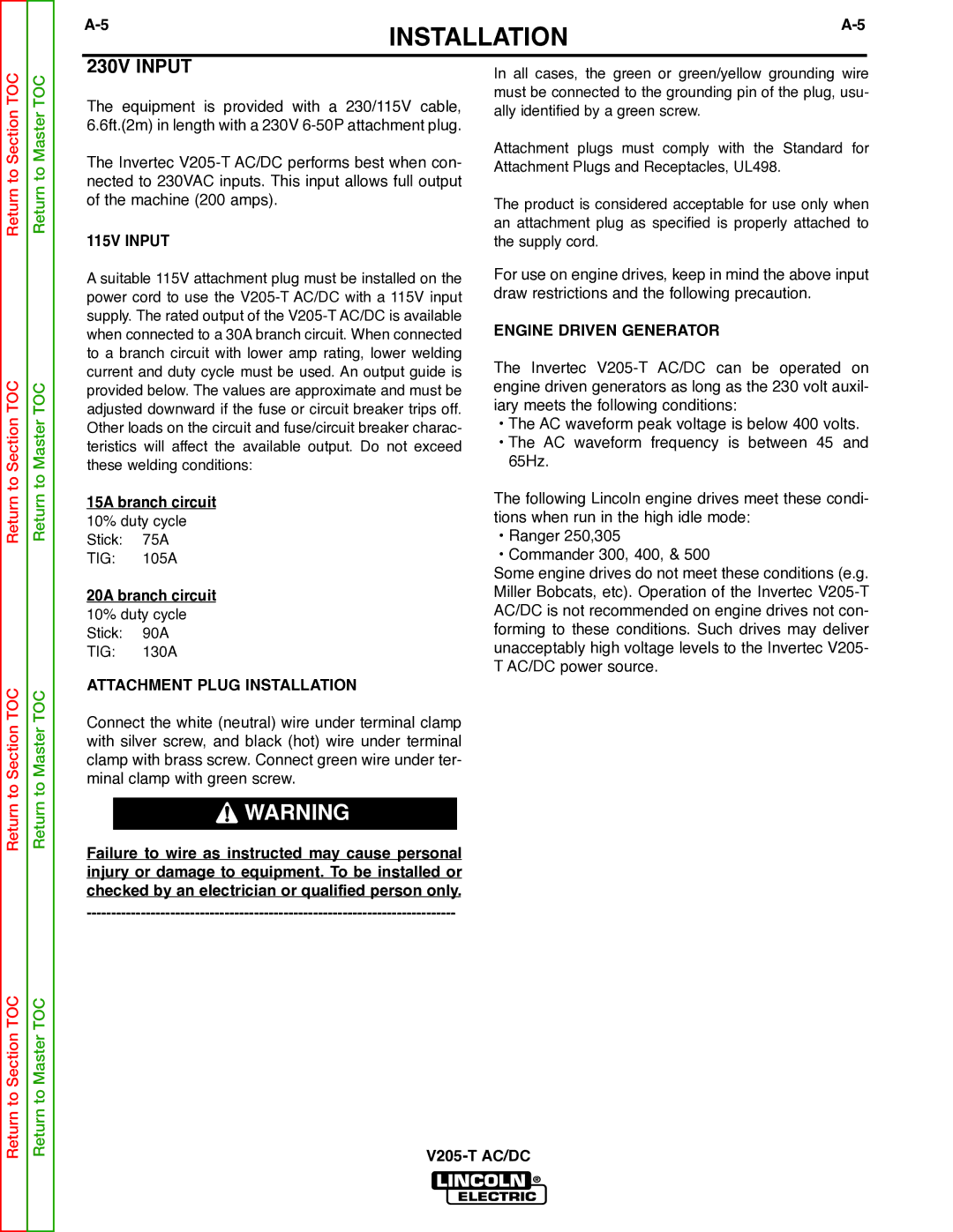 Lincoln Electric V205-T service manual 230V Input, 115V Input, Attachment Plug Installation, Engine Driven Generator 