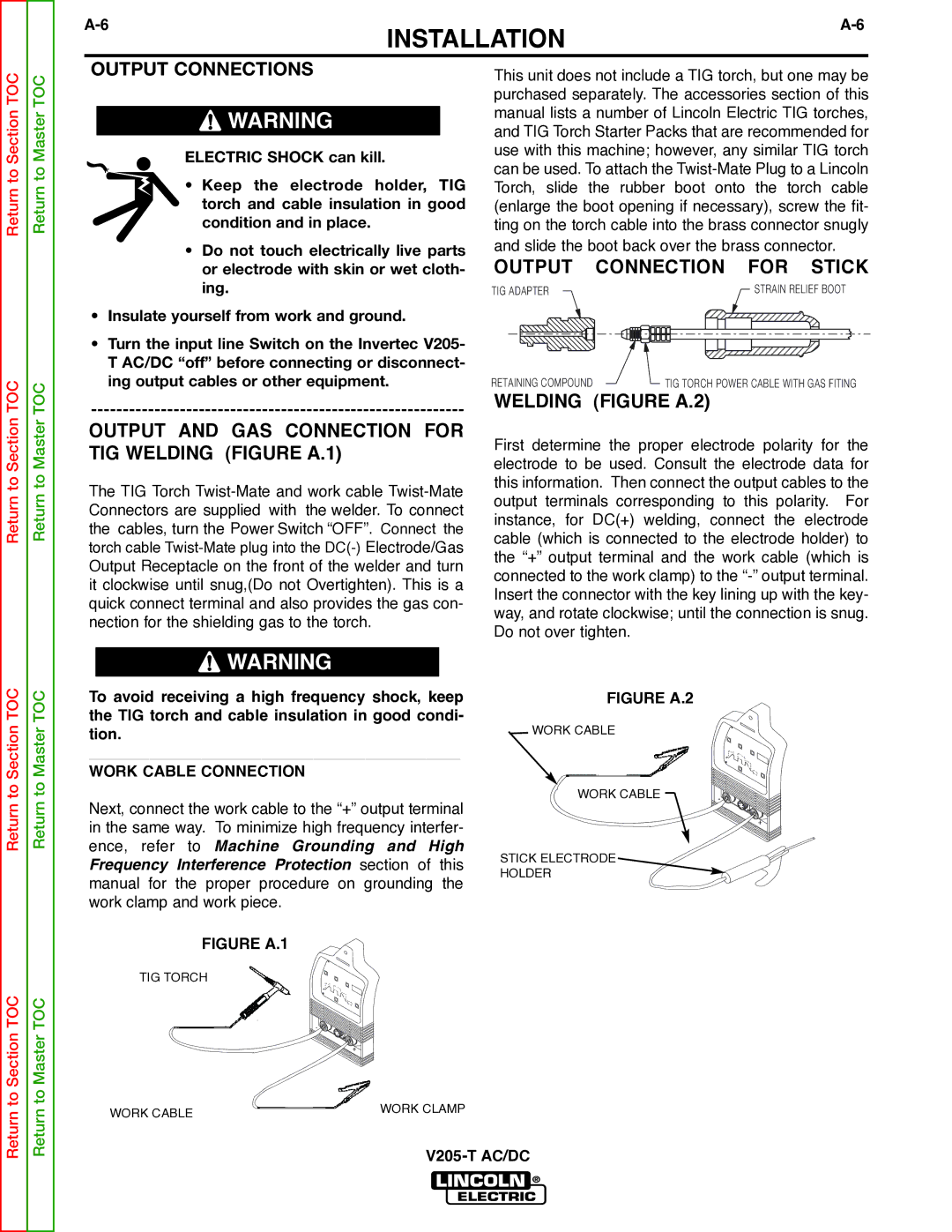 Lincoln Electric V205-T service manual Output Connection for Stick, Output and GAS Connection for TIG Welding Figure A.1 