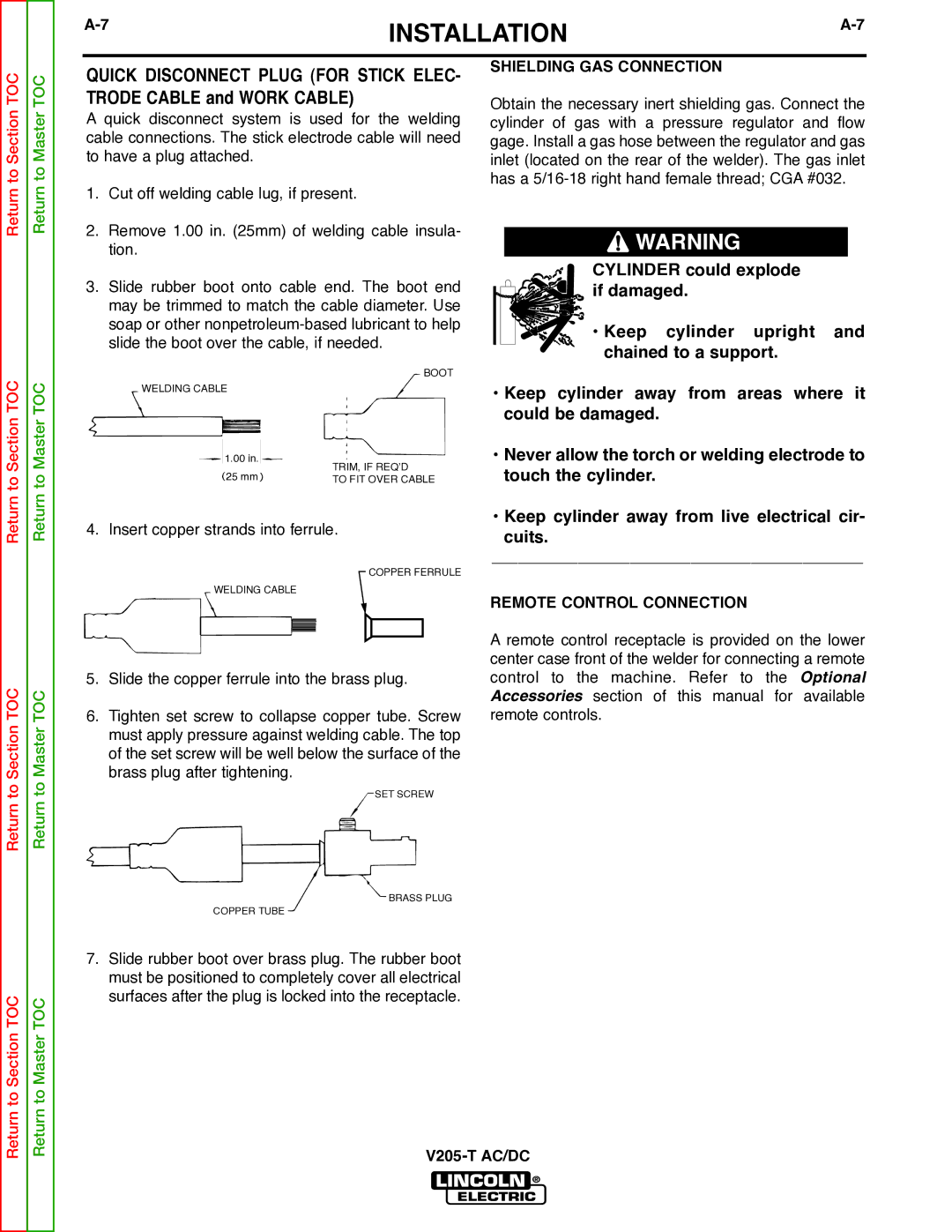 Lincoln Electric V205-T service manual Shielding GAS Connection, Remote Control Connection 