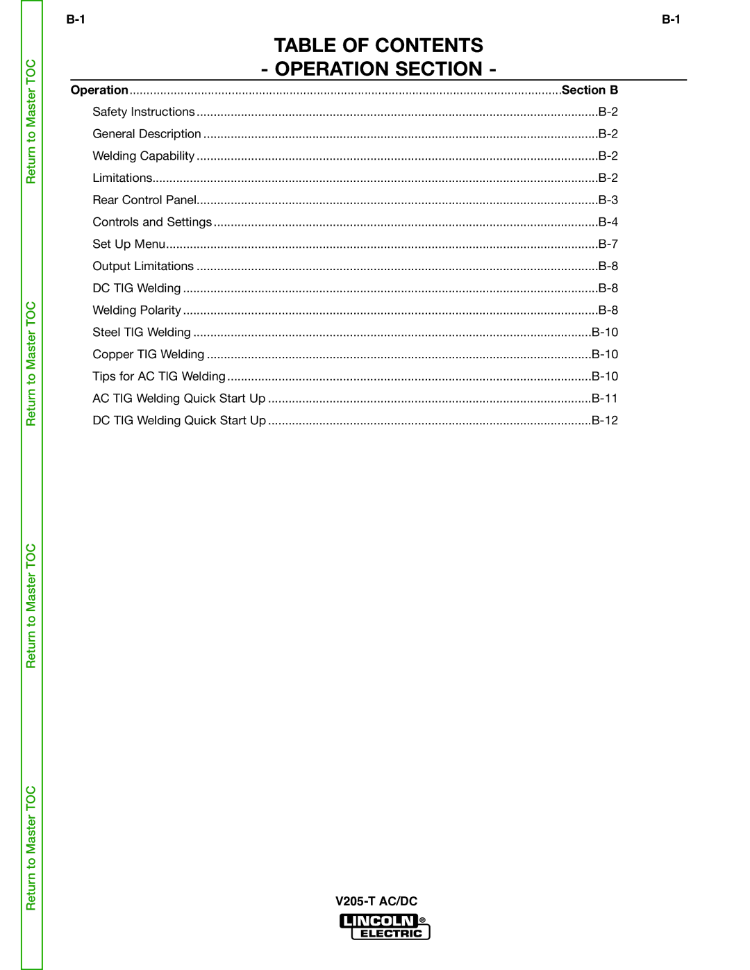 Lincoln Electric V205-T service manual Table of Contents Operation Section 