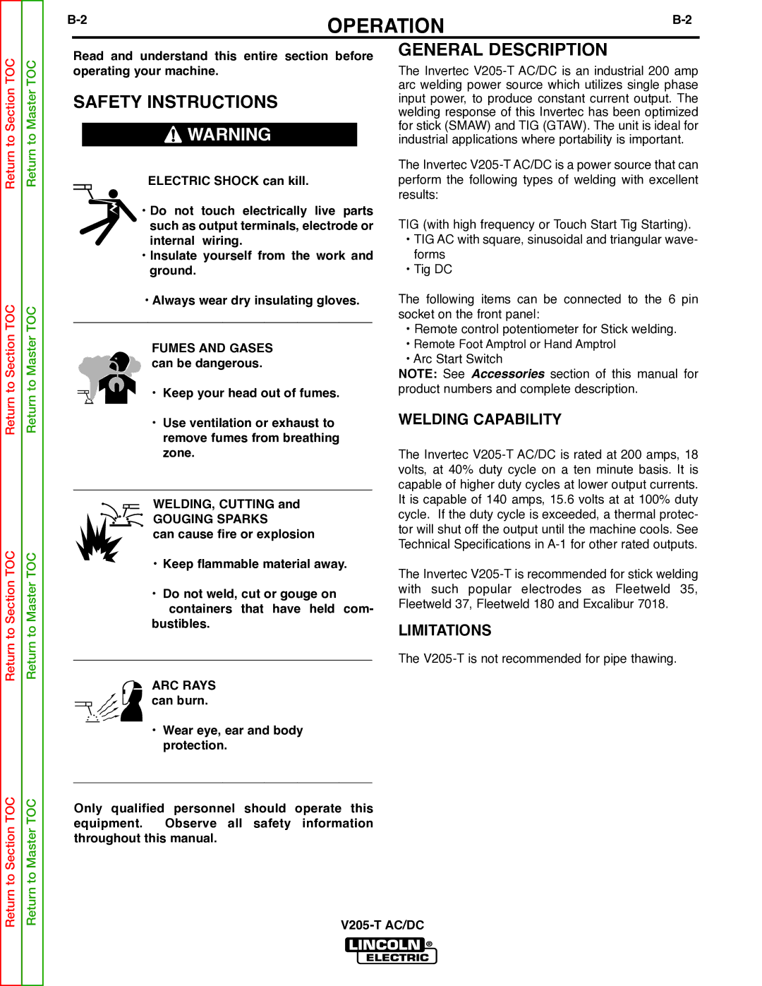 Lincoln Electric V205-T Safety Instructions, General Description, Welding Capability, Limitations, Gouging Sparks 