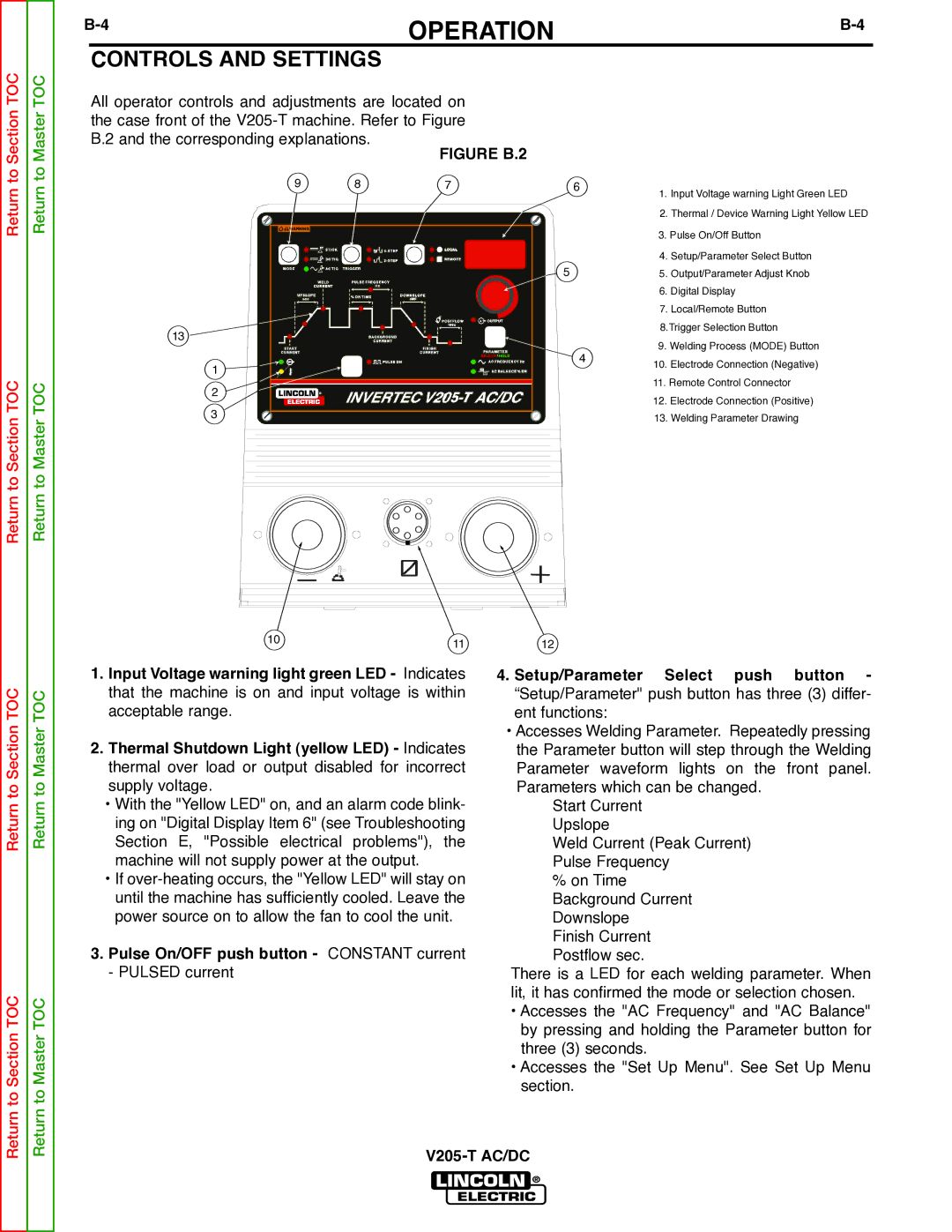 Lincoln Electric V205-T service manual Controls and Settings, Figure B.2 