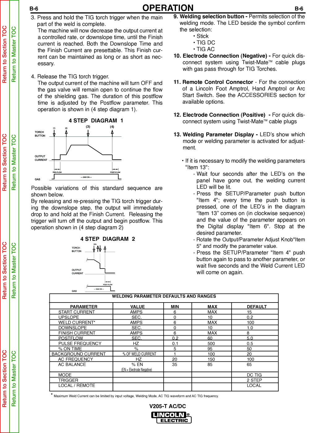 Lincoln Electric V205-T service manual Tig Dc Tig Ac 