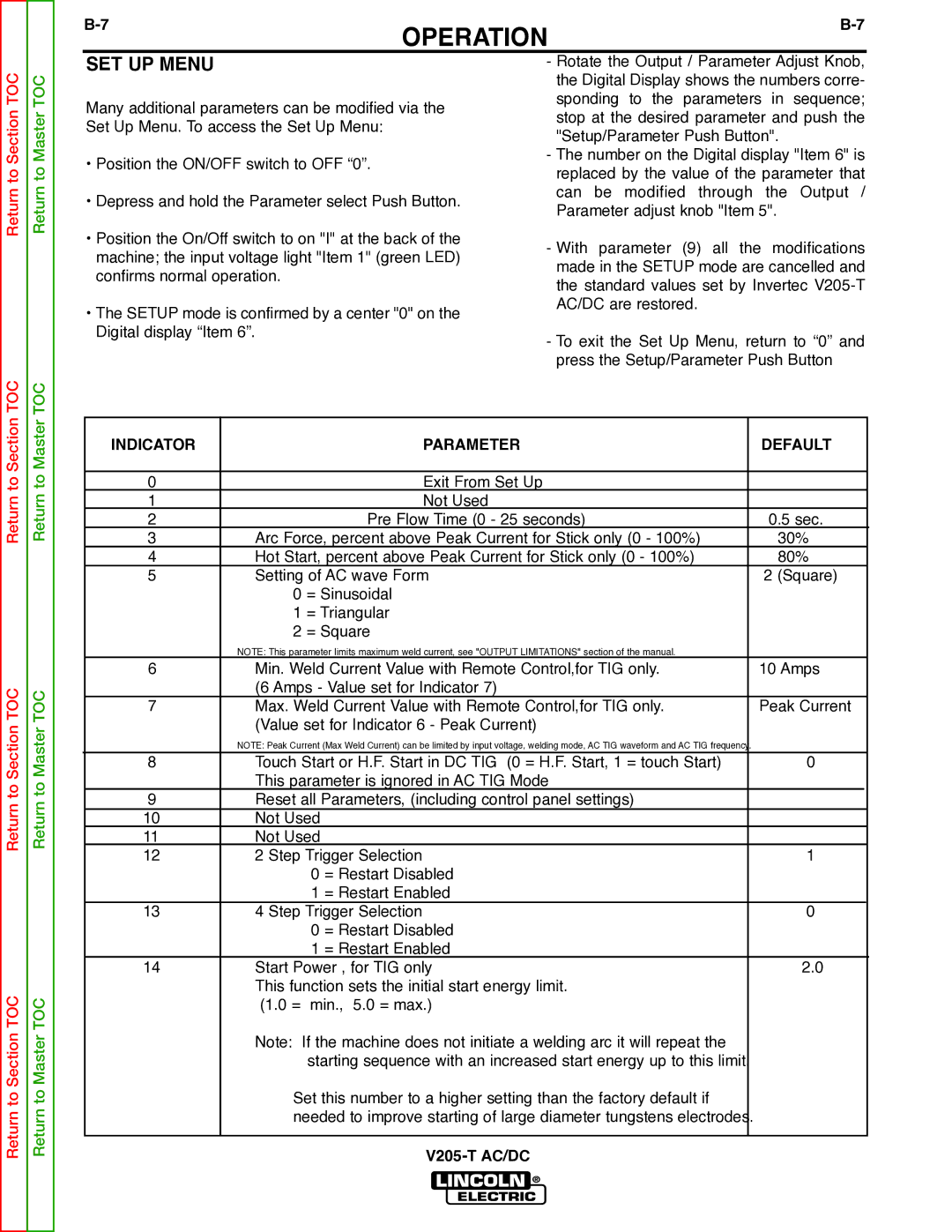 Lincoln Electric V205-T service manual SET UP Menu, Indicator Parameter Default 