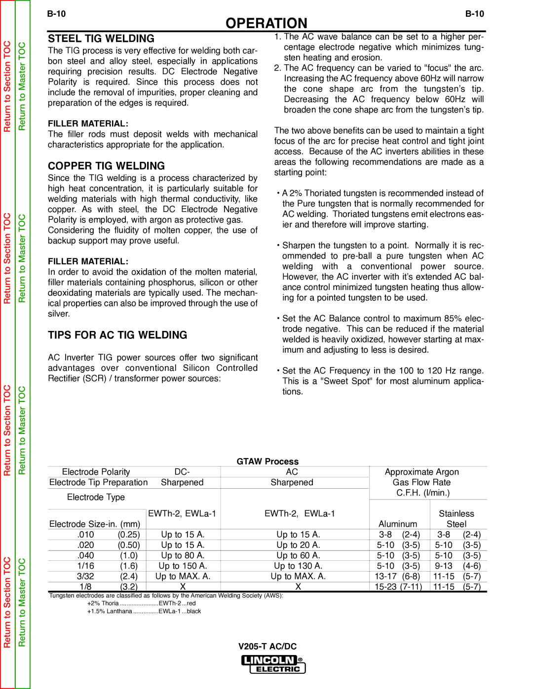 Lincoln Electric V205-T service manual Steel TIG Welding, Copper TIG Welding, Tips for AC TIG Welding, Filler Material 