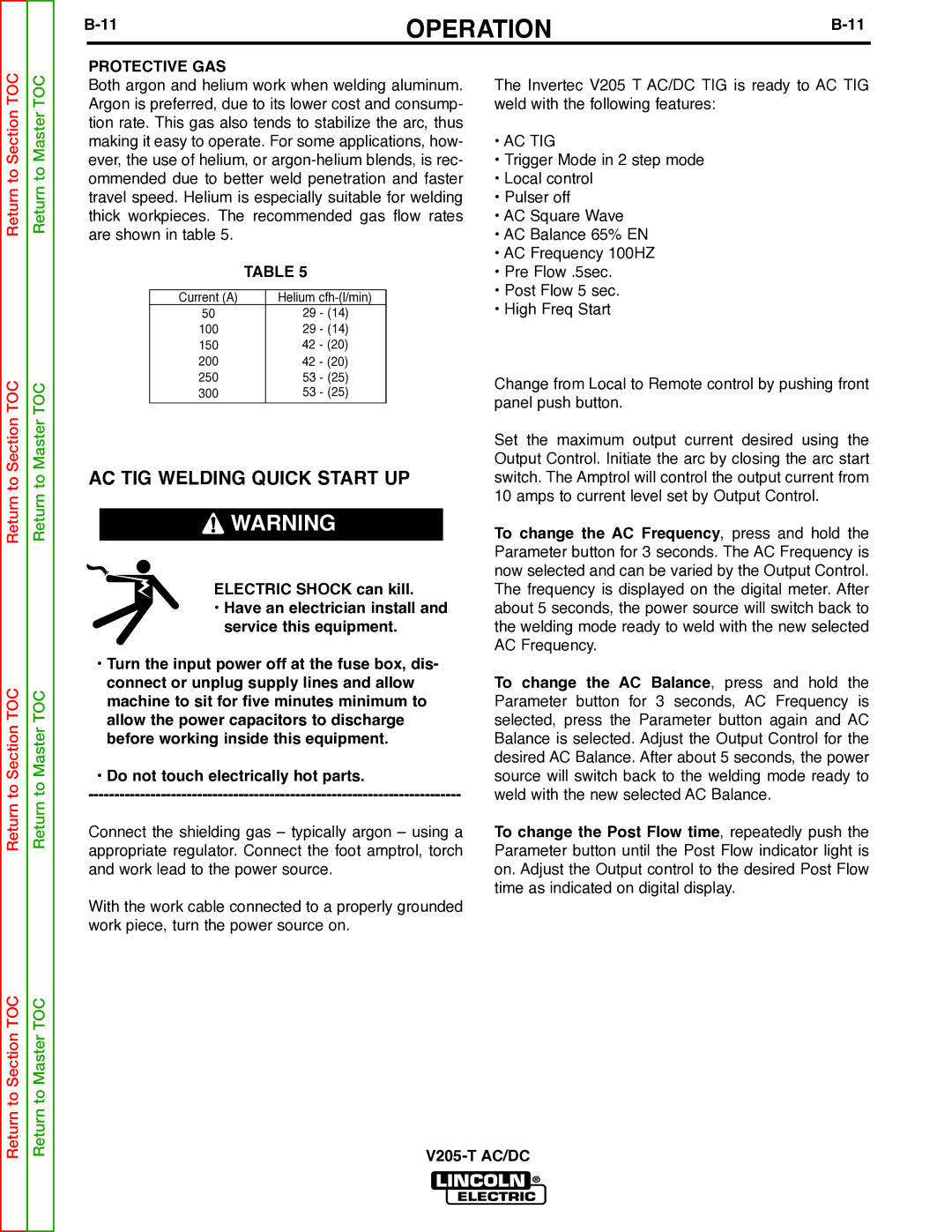 Lincoln Electric V205-T service manual AC TIG Welding Quick Start UP, Protective GAS 