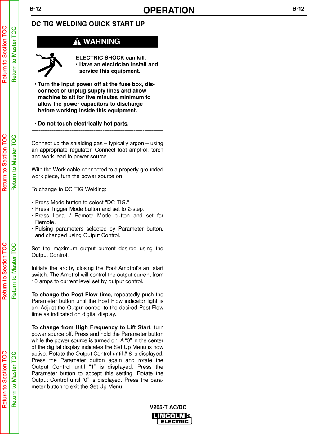 Lincoln Electric V205-T service manual DC TIG Welding Quick Start UP 