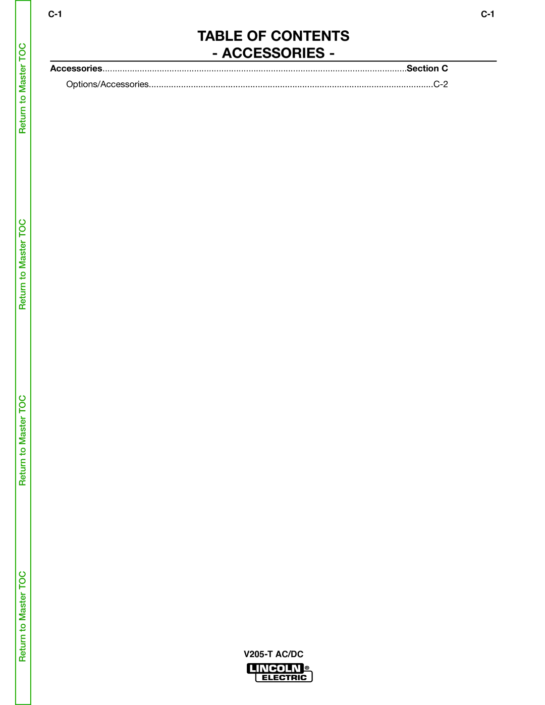 Lincoln Electric V205-T service manual Table of Contents, Accessories 