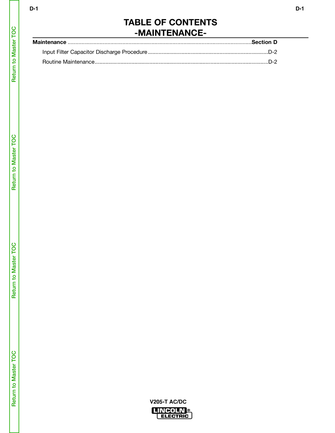 Lincoln Electric V205-T service manual Table of Contents Maintenance 