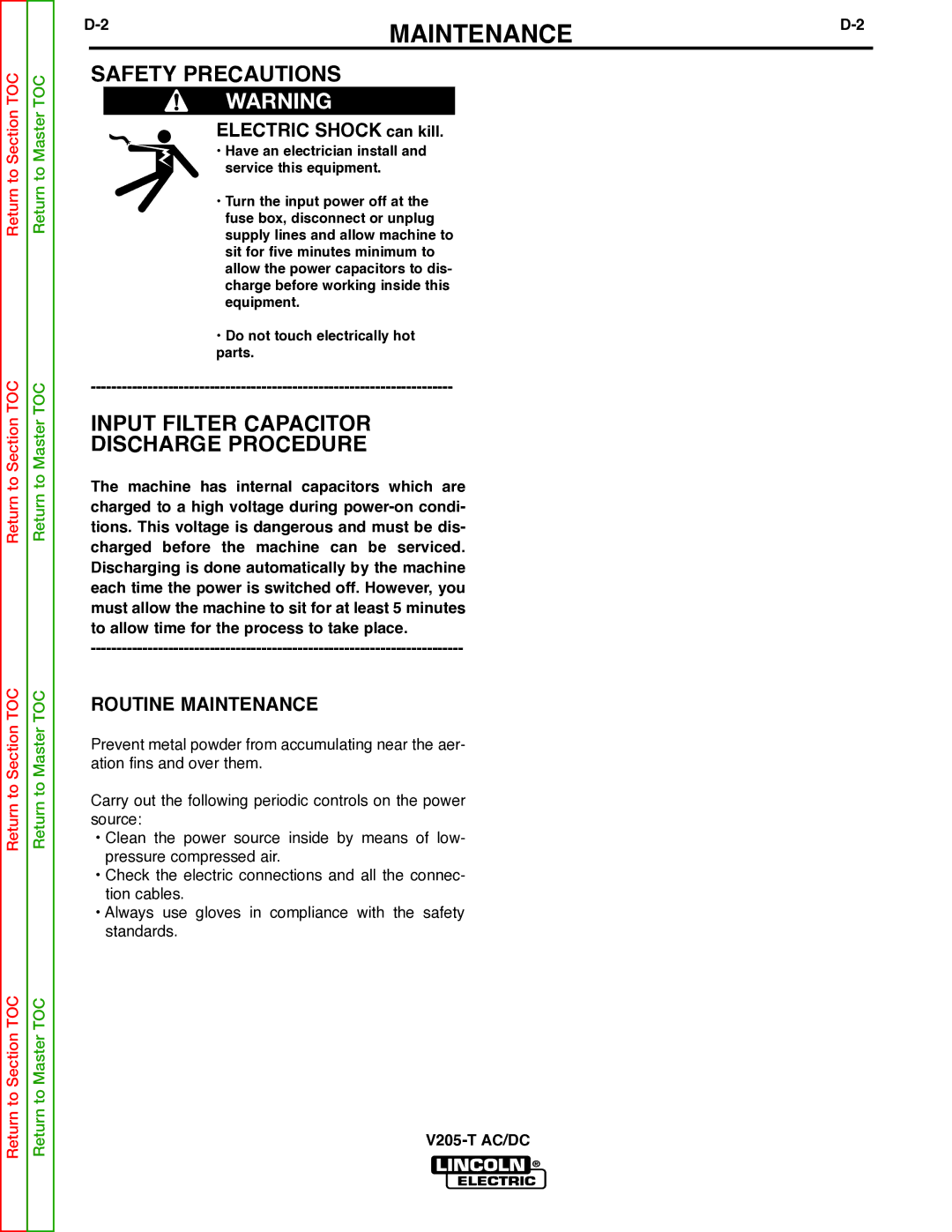 Lincoln Electric V205-T service manual Safety Precautions, Input Filter Capacitor Discharge Procedure, Routine Maintenance 