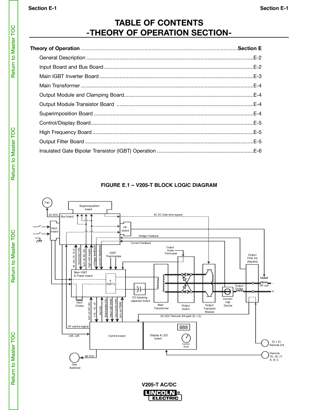 Lincoln Electric V205-T service manual Table of Contents Theory of Operation Section 