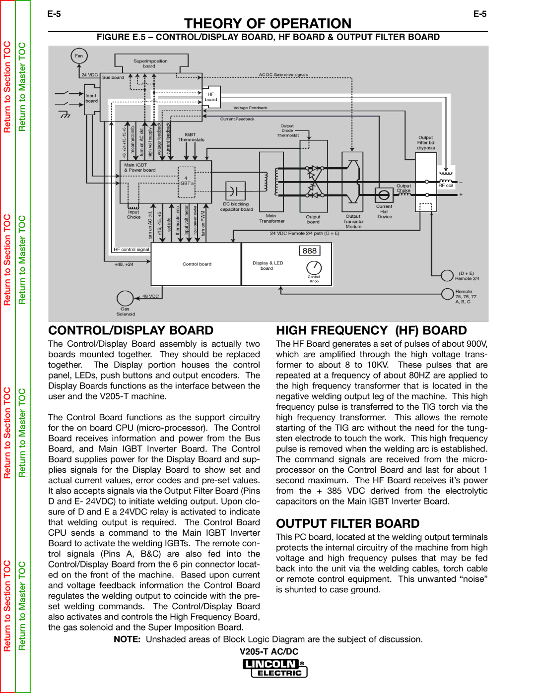 Lincoln Electric V205-T service manual CONTROL/DISPLAY Board High Frequency HF Board, Output Filter Board 