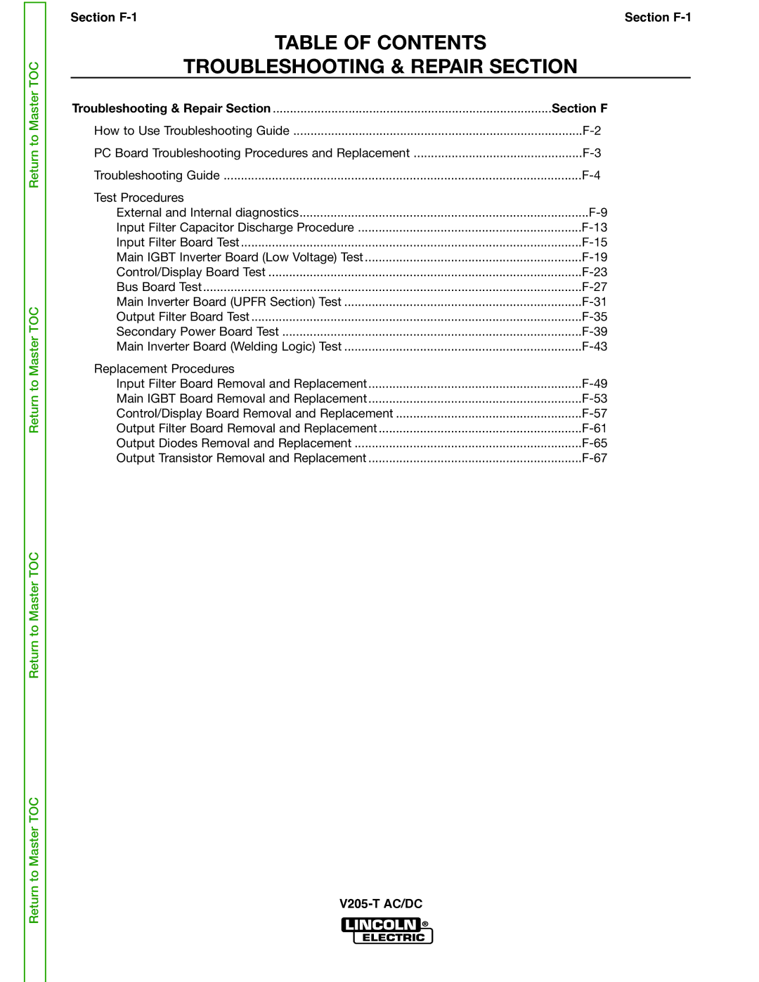 Lincoln Electric V205-T service manual Table of Contents Troubleshooting & Repair Section 