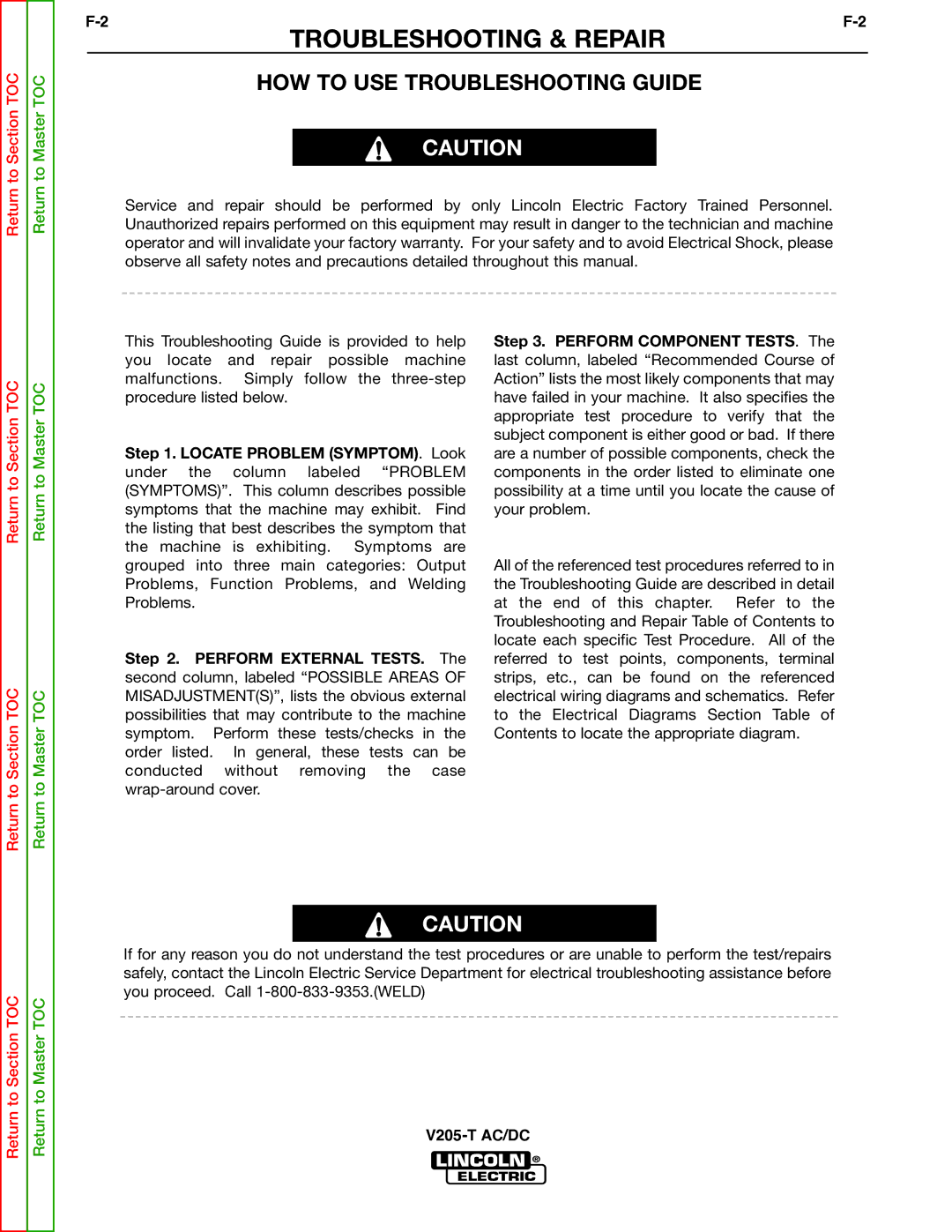 Lincoln Electric V205-T service manual Troubleshooting & Repair, HOW to USE Troubleshooting Guide 