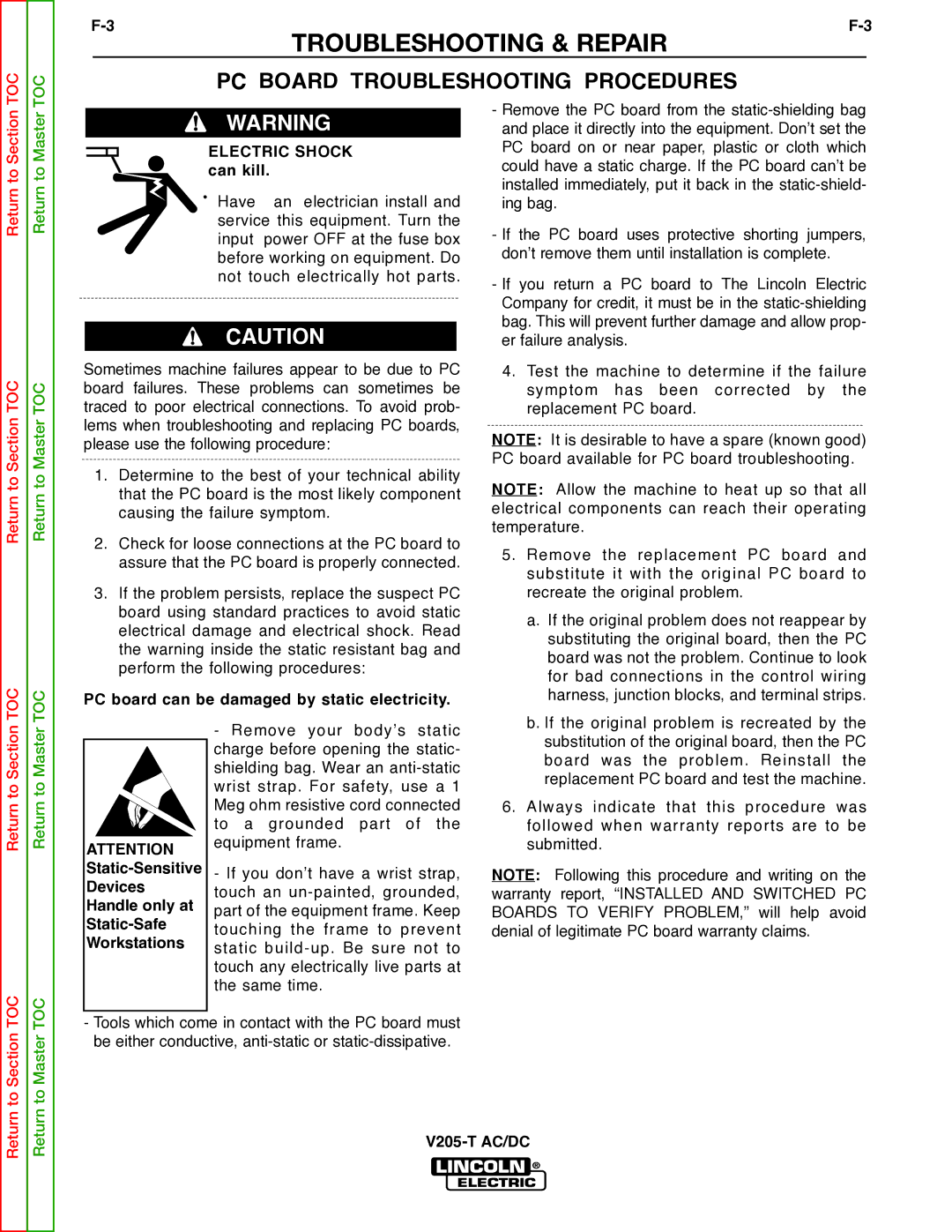 Lincoln Electric V205-T service manual PC Board Troubleshooting Procedures, Electric Shock can kill 