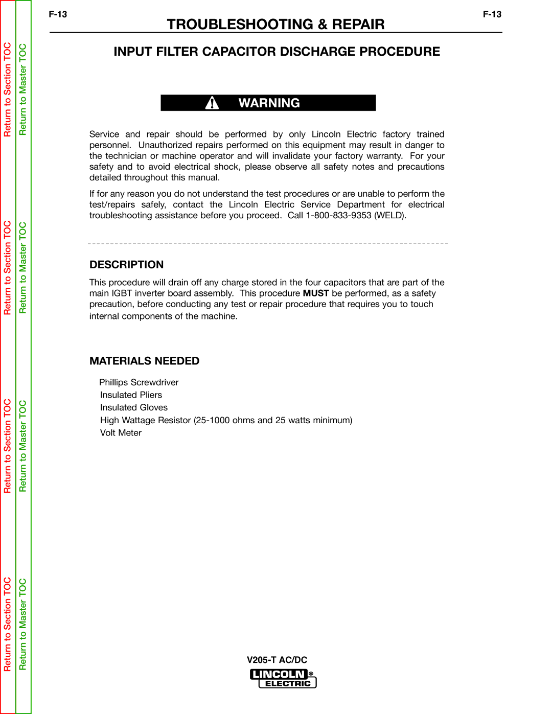 Lincoln Electric V205-T service manual Input Filter Capacitor Discharge Procedure, Description 