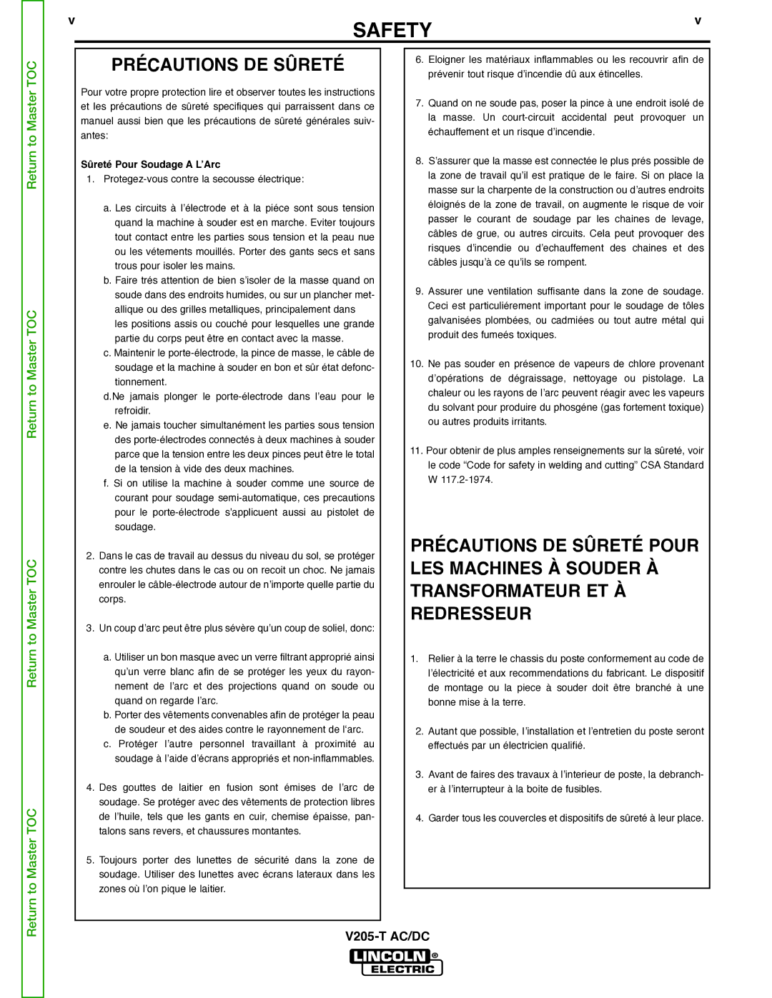 Lincoln Electric V205-T service manual Précautions DE Sûreté, Sûreté Pour Soudage a L’Arc 