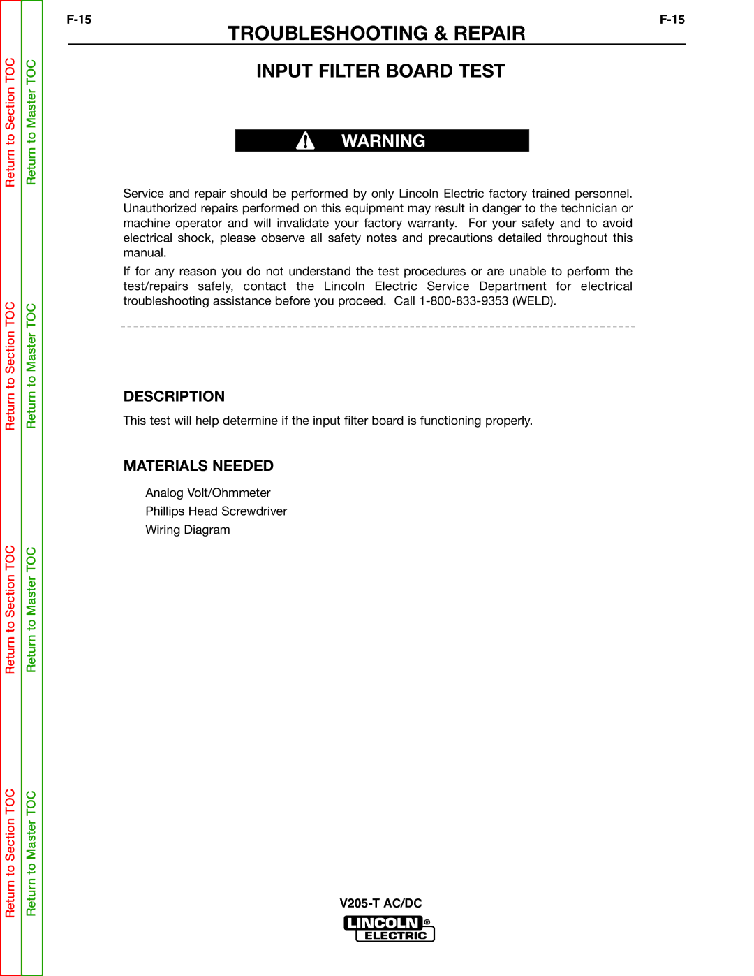 Lincoln Electric V205-T service manual Input Filter Board Test 