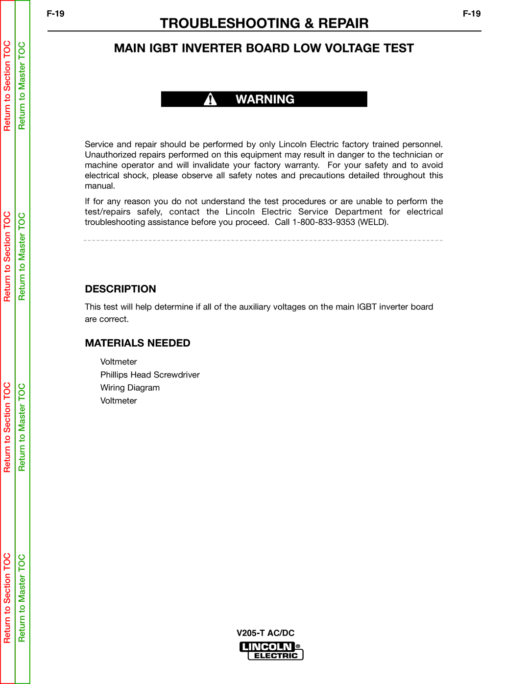 Lincoln Electric V205-T service manual Main Igbt Inverter Board LOW Voltage Test 