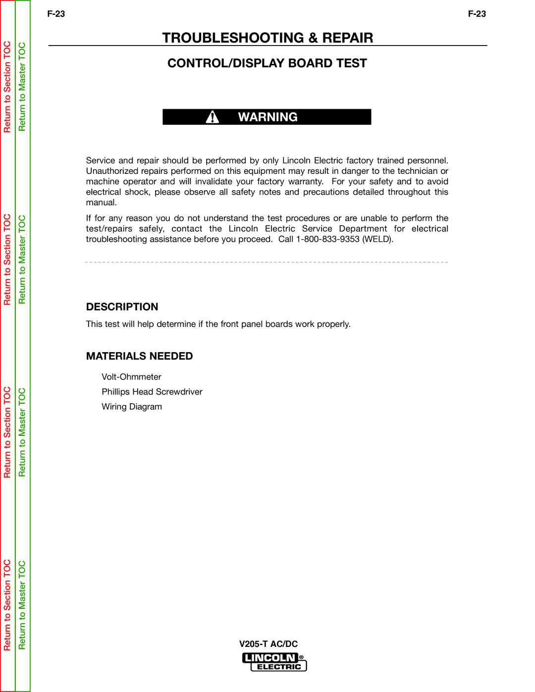 Lincoln Electric V205-T service manual CONTROL/DISPLAY Board Test 