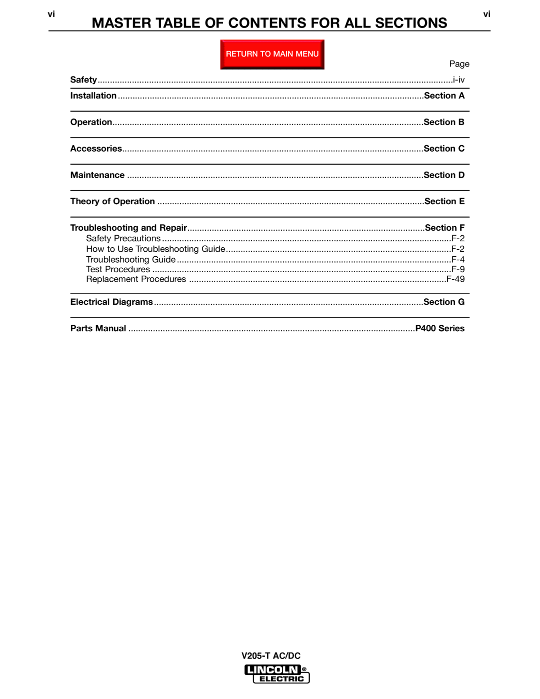 Lincoln Electric V205-T service manual Master Table of Contents for ALL Sections 