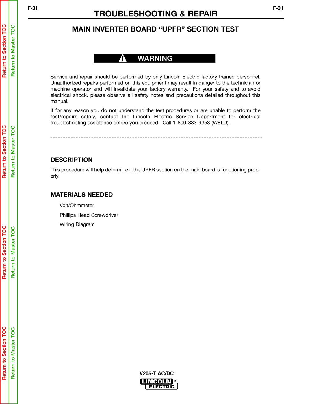 Lincoln Electric V205-T service manual Main Inverter Board Upfr Section Test 