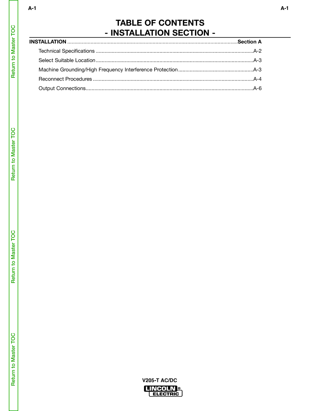 Lincoln Electric V205-T service manual Table of Contents Installation Section 