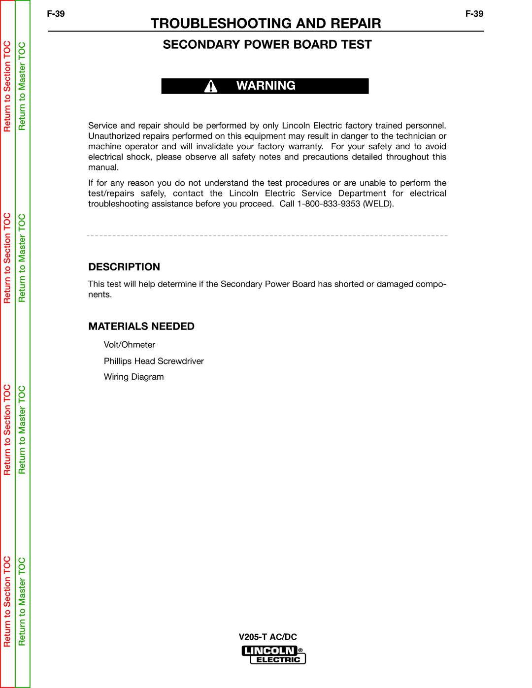 Lincoln Electric V205-T service manual Secondary Power Board Test 