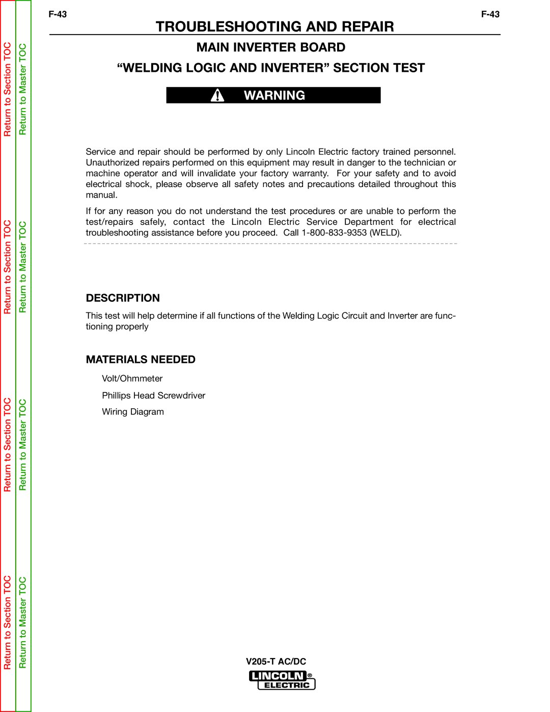 Lincoln Electric V205-T service manual Main Inverter Board Welding Logic and Inverter Section Test 