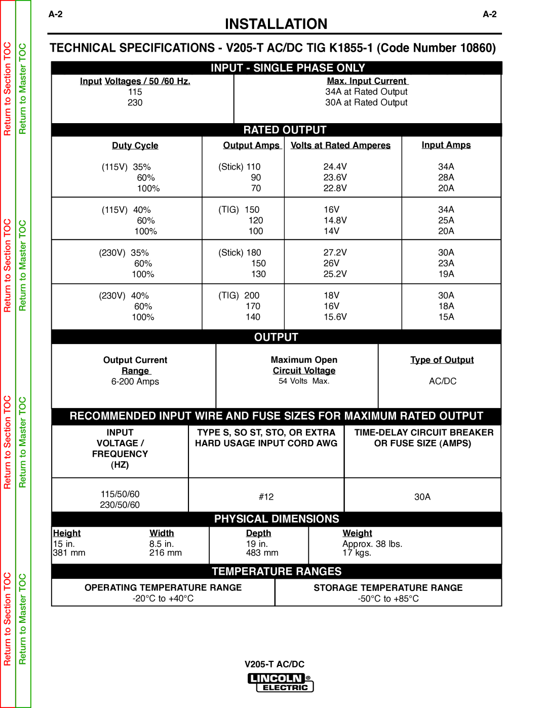 Lincoln Electric V205-T service manual Installation, Operating Temperature Range Storage Temperature Range 