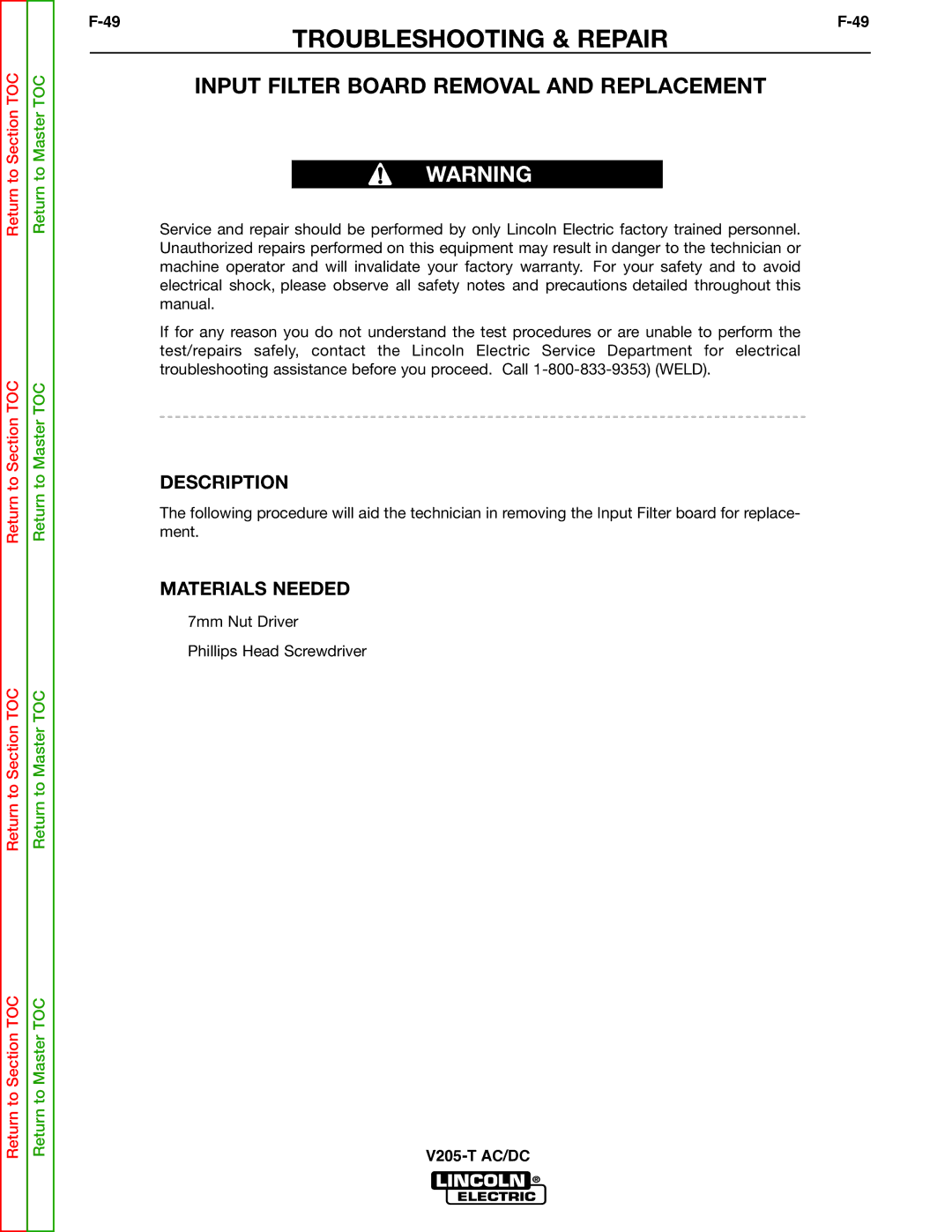 Lincoln Electric V205-T service manual Troubleshooting & Repair, Input Filter Board Removal and Replacement 