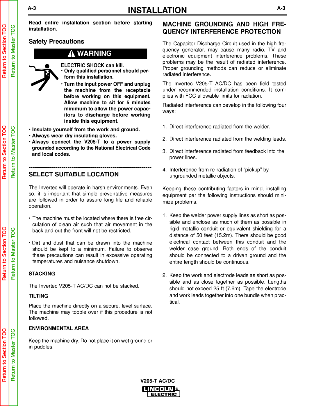 Lincoln Electric V205-T service manual Select Suitable Location, Stacking, Tilting, Environmental Area 