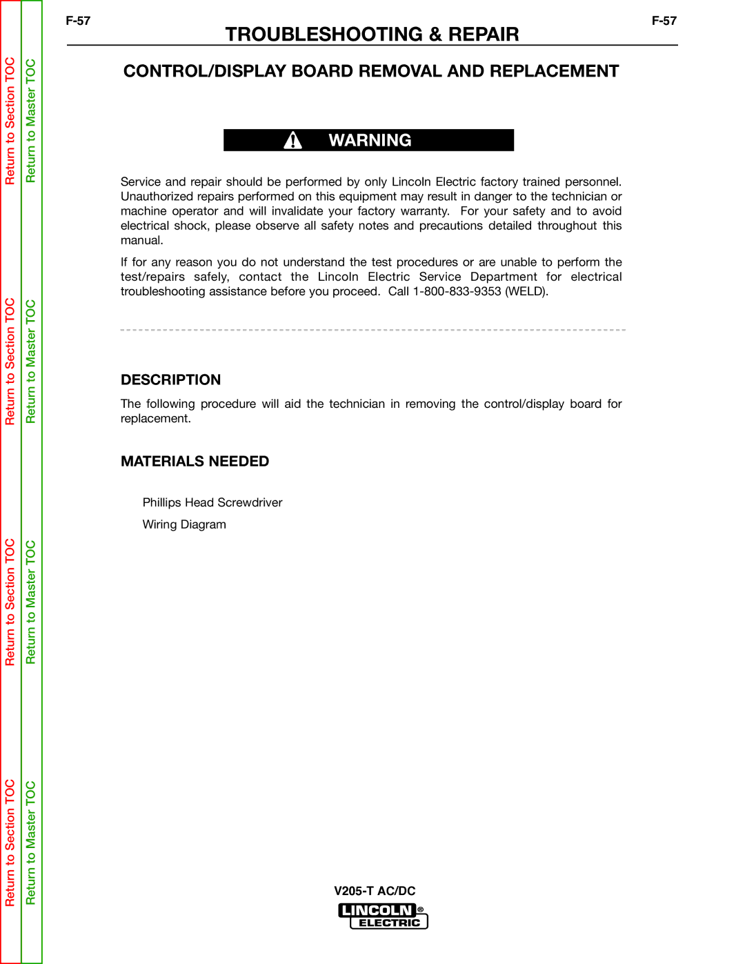 Lincoln Electric V205-T service manual CONTROL/DISPLAY Board Removal and Replacement 