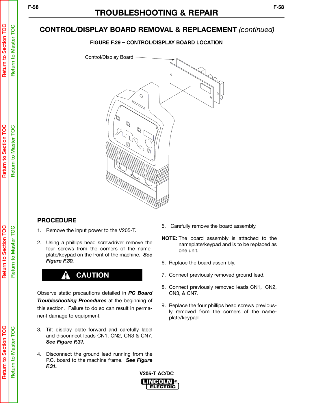 Lincoln Electric V205-T service manual CONTROL/DISPLAY Board Removal & Replacement 