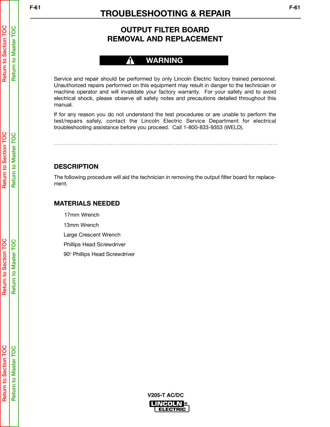 Lincoln Electric V205-T service manual Output Filter Board Removal and Replacement 